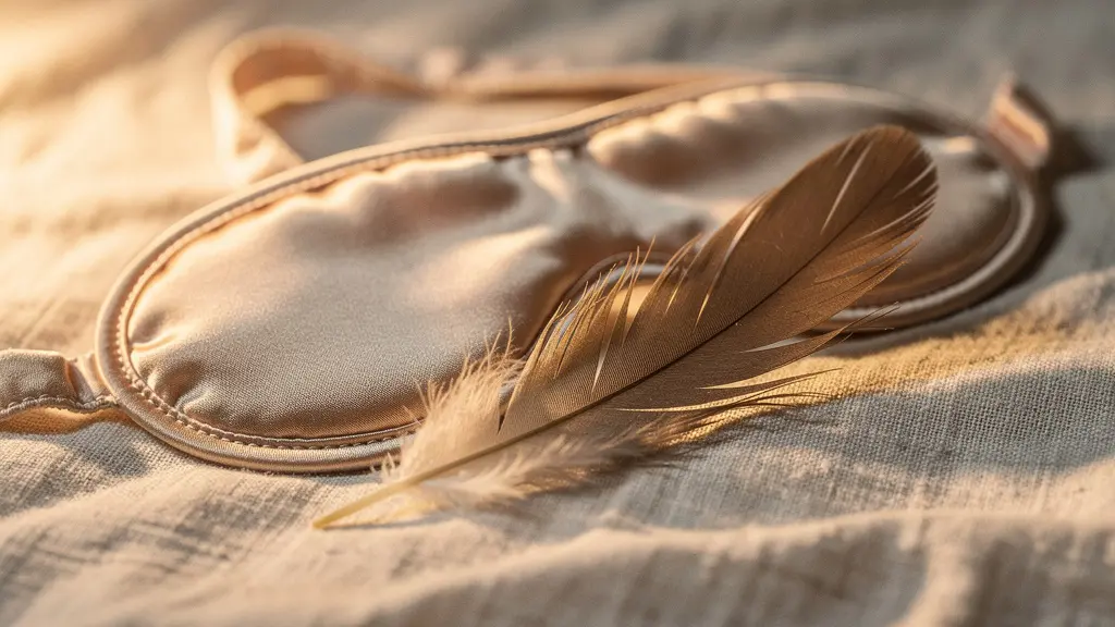 Gros plan de textures : un bandeau en satin et une plume sur des draps en lin, lumière chaude, ambiance délicate et non explicite.