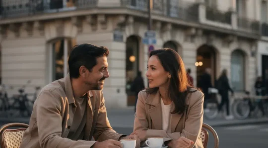 Deux adultes se rencontrent pour la première fois à une terrasse de café parisienne, avec une atmosphère intime et un espace vide dans l’image pour une accroche éditoriale.