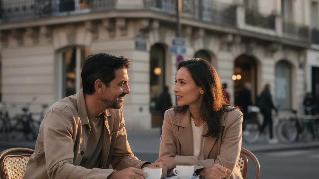 Deux adultes se rencontrent pour la première fois à une terrasse de café parisienne, avec une atmosphère intime et un espace vide dans l’image pour une accroche éditoriale.