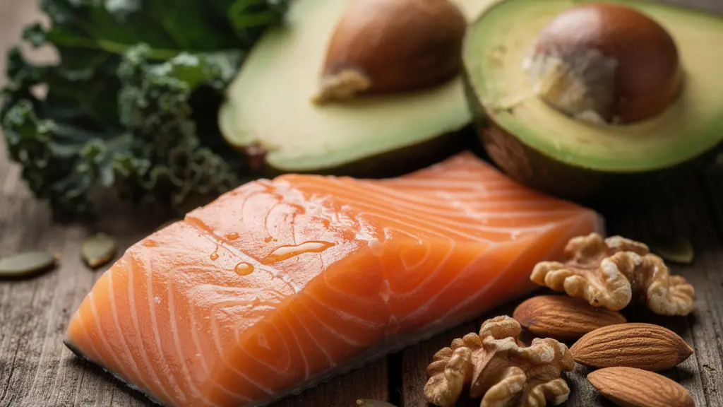 Composition d'aliments riches en oméga-3 et magnésium sur une table en bois naturel