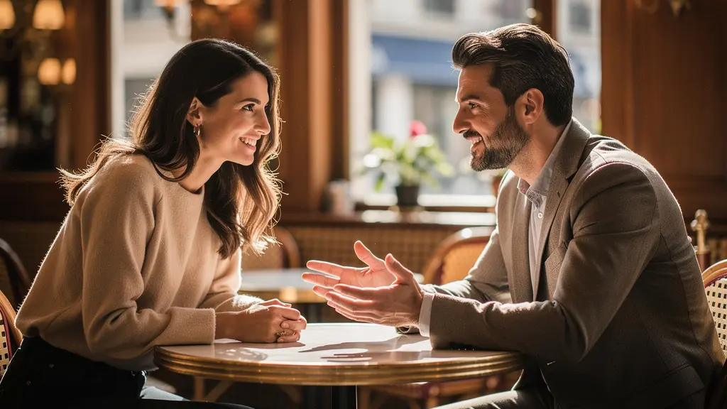 Couple en interaction dans un café français avec langage corporel ouvert et réceptif