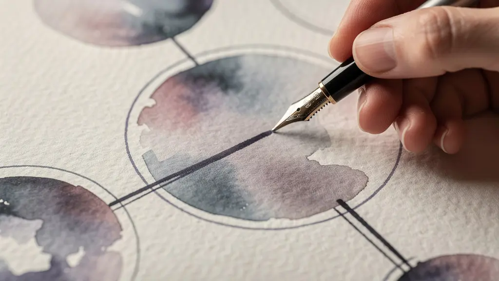 Vue macro d'une main traçant des connexions entre mots sur papier texturé