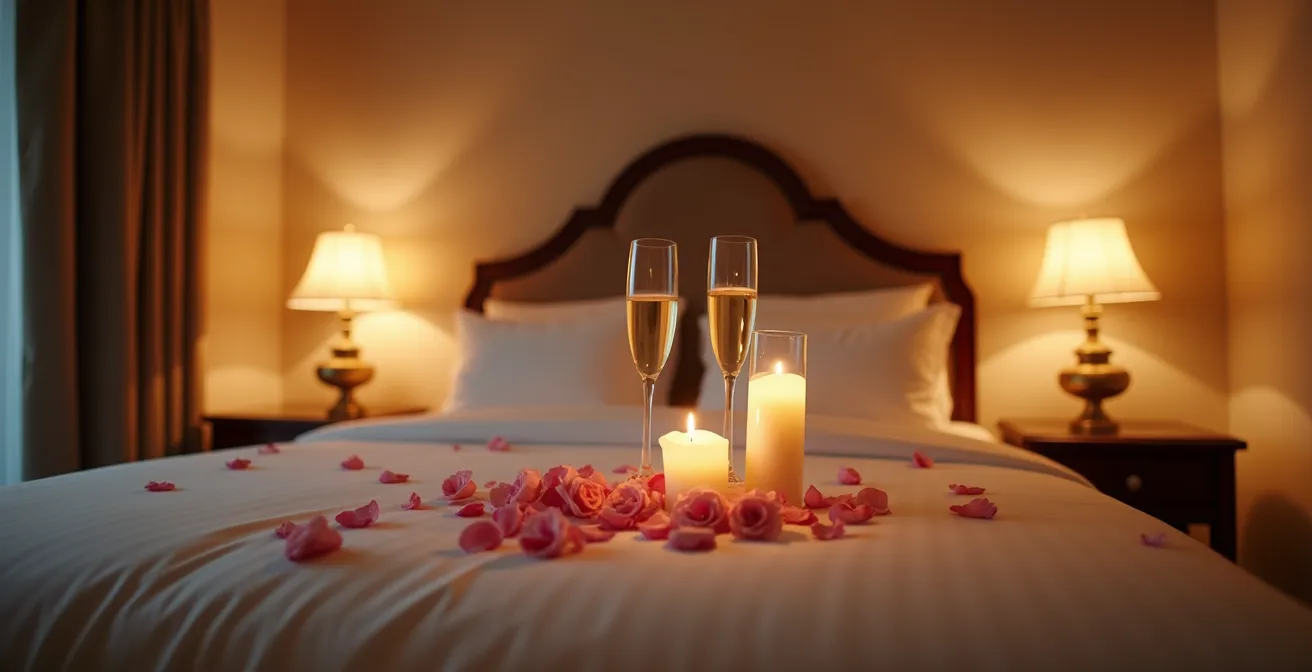Chambre d'hôtel décorée avec des bougies et des pétales de roses pour une ambiance romantique