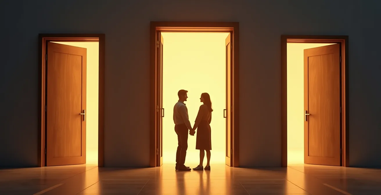 Couple réfléchissant devant des portes symbolisant différents choix thérapeutiques