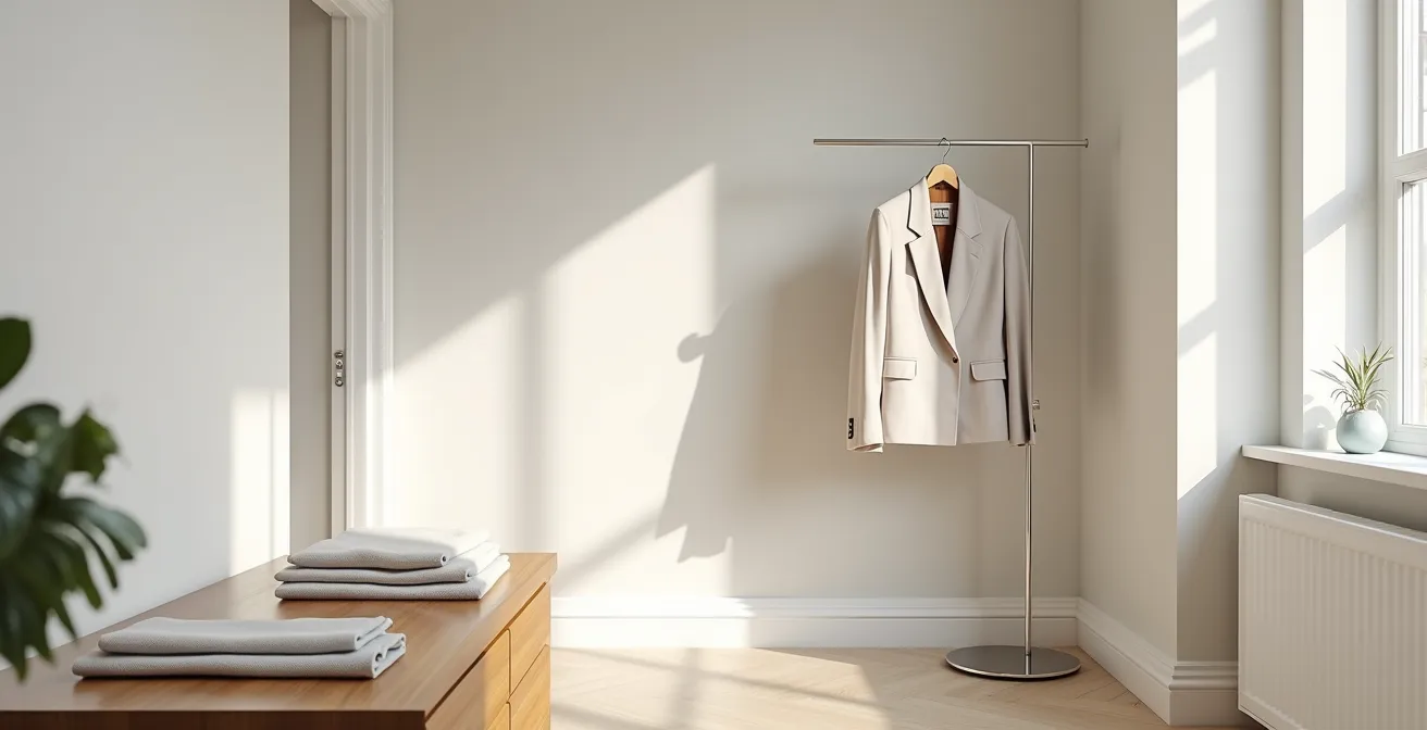 Composition minimaliste montrant différentes matières de lingerie dans un environnement de bureau épuré