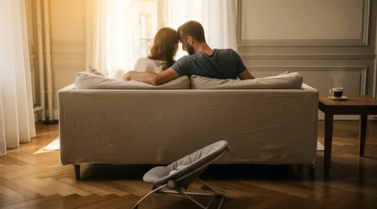 Couple de jeunes parents partageant un moment de complicité silencieuse dans la lumière douce d'un appartement parisien