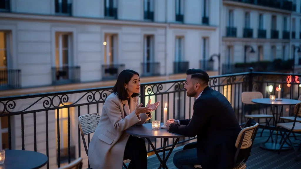 Couple discutant avec authenticité sur une terrasse française au crépuscule