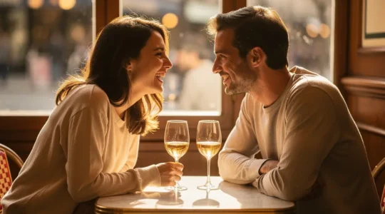 Couple assis dans un café parisien échangeant un moment de complicité authentique autour d'un verre de vin