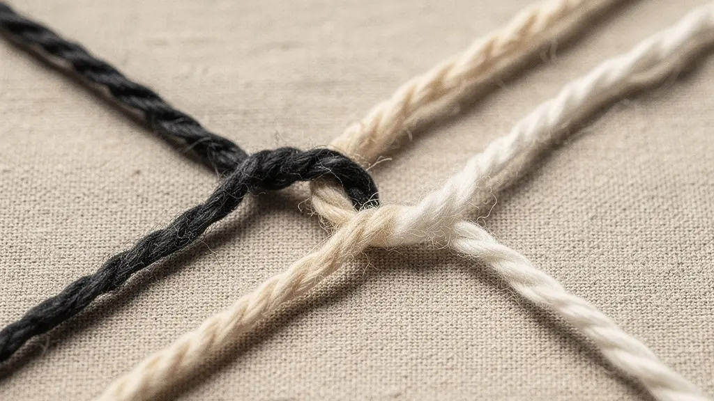 Gros plan macro de deux fils de laine, l’un sombre et l’autre clair, qui s’entremêlent puis se séparent avec une frontière nette, symbolisant la distance empathique.