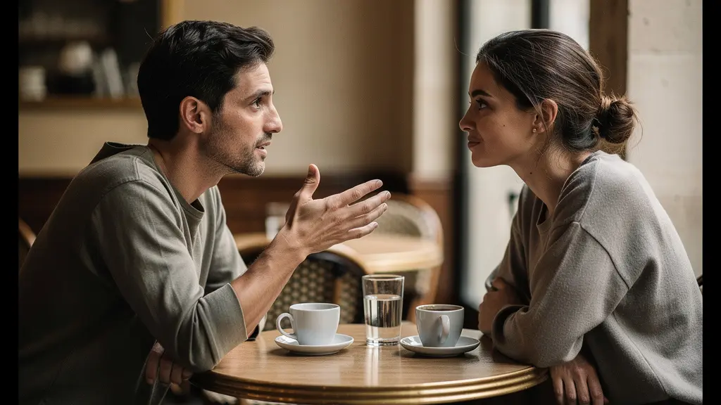 Deux adultes discutent calmement face à face autour d’une table, dans une ambiance de café français, suggérant une conversation sur l’exclusivité.