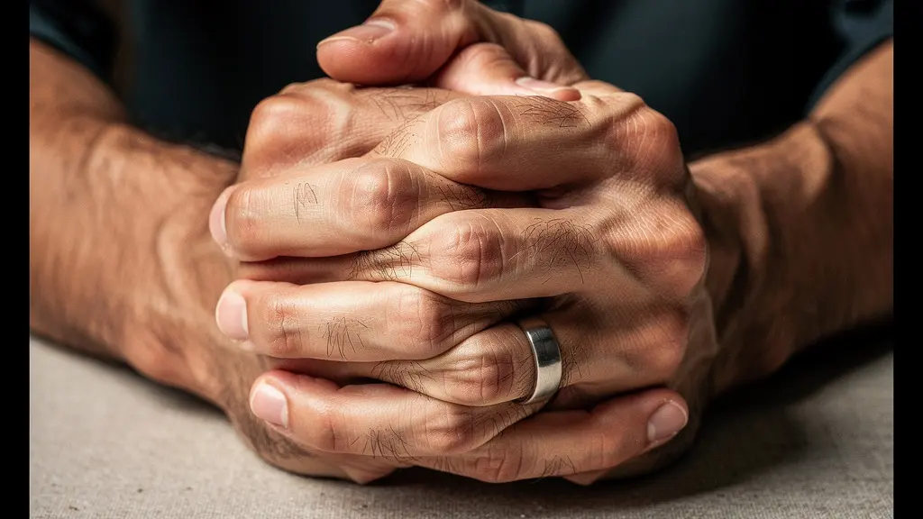 Gros plan macro sur deux mains masculines crispées l'une contre l'autre, doigts entrelacés sous tension, illustrant le stress physiologique lié à l'incertitude financière