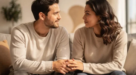 Couple en conversation intime partageant un moment de connexion émotionnelle
