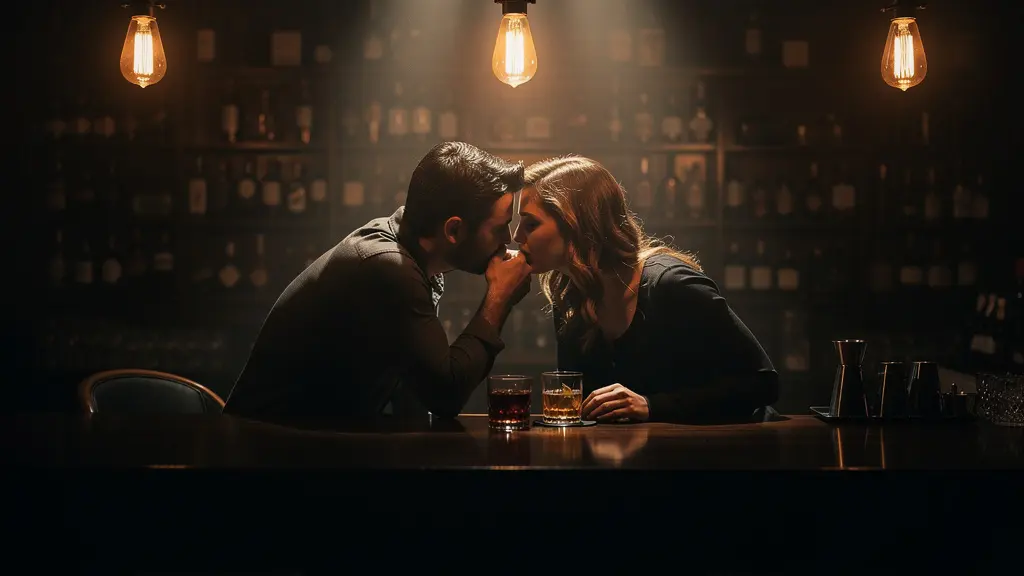 Deux personnes en conversation rapprochée dans un bar, éclairage tamisé créant une ambiance intime