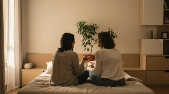Couple dans un moment d'intimité conversationnelle, éclairage doux et naturel