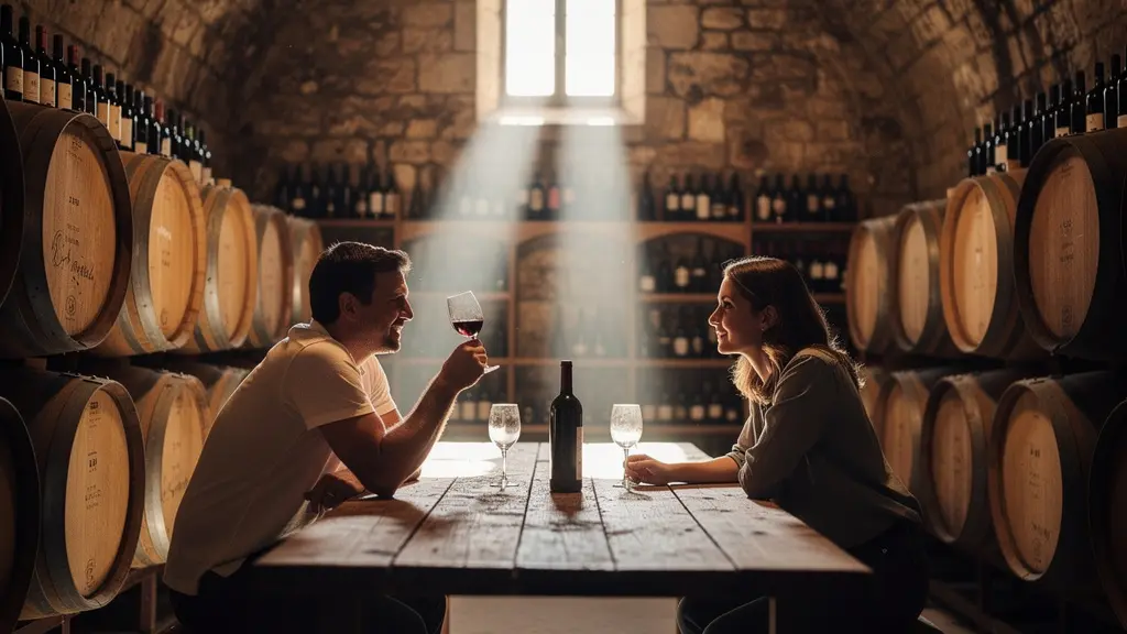 Couple partageant un moment d'échange intime autour d'une dégustation de vin dans un cadre chaleureux