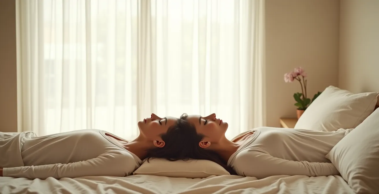 Couple en position cuillère pratiquant la respiration synchronisée dans un environnement apaisant