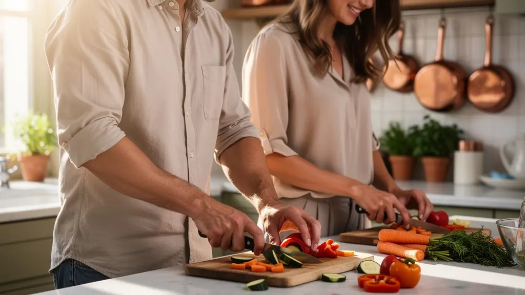Couple préparant un repas ensemble en cuisine, discussion détendue côte à côte