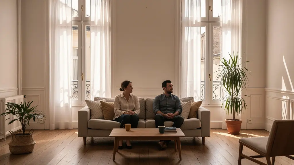 Un couple en discussion calme et bienveillante sur un canapé