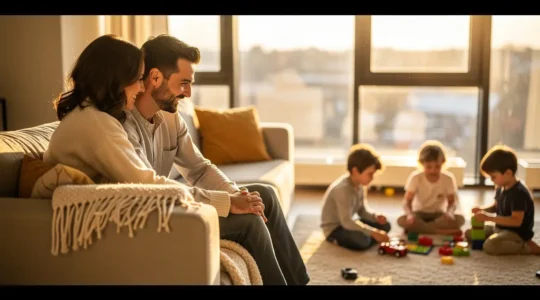 Couple souriant regardant leurs trois enfants jouer dans un salon lumineux, créant un moment de connexion intime malgré l'agitation familiale