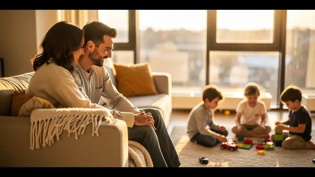 Couple souriant regardant leurs trois enfants jouer dans un salon lumineux, créant un moment de connexion intime malgré l'agitation familiale