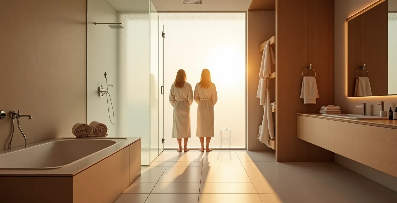 Couple dans une salle de bain moderne évoquant l'hygiène post-rapport intime