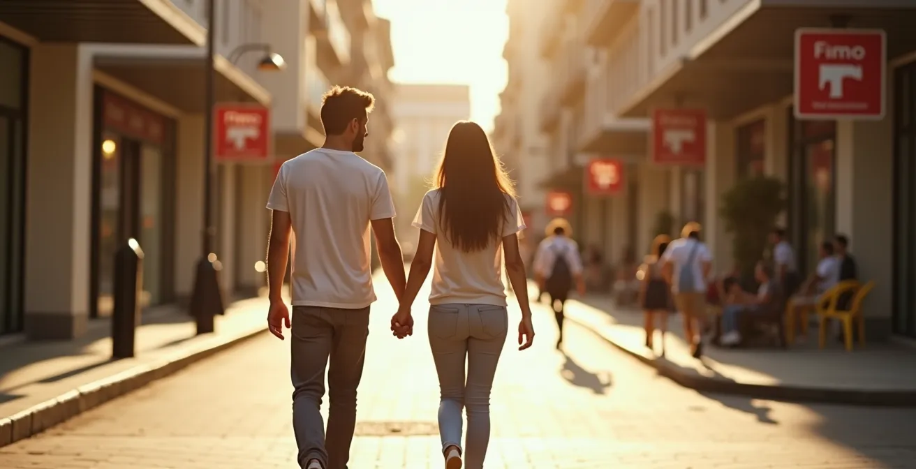 Jeune couple marchant main dans la main dans une rue ensoleillée de centre-ville