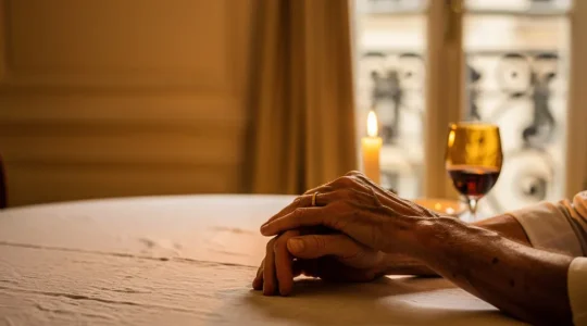 Couple mature partageant un moment de complicité intime dans une lumière tamisée, symbolisant la redécouverte du désir après des années de vie commune