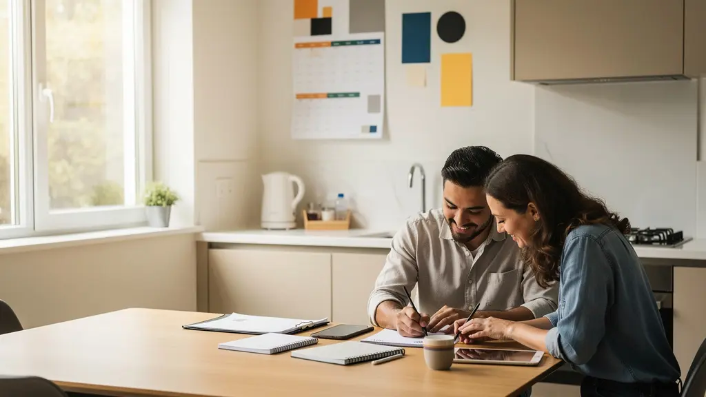 Couple assis ensemble devant un tableau d'organisation familiale, travaillant en équipe sur la répartition des tâches