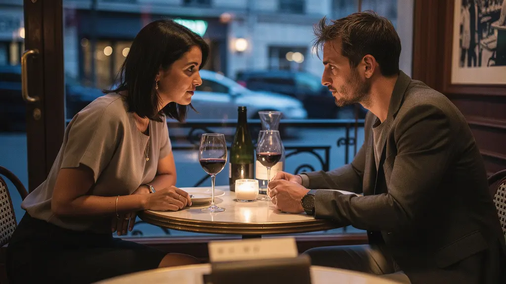 Vue intime d'un dîner romantique dans un bistro parisien moderne, ambiance tamisée, un homme et une femme échangent des regards complices, sans aucun texte visible.