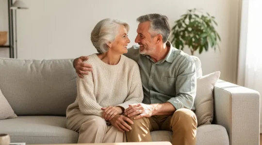 Couple de seniors souriants se tenant la main dans un environnement lumineux et apaisant