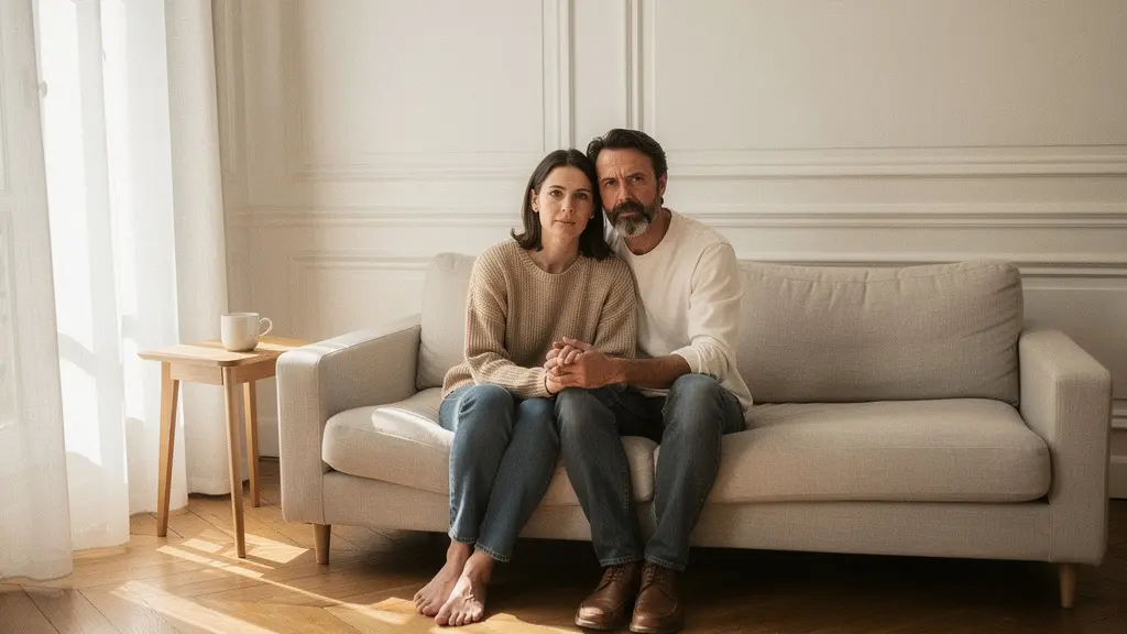 Couple assis côte à côte sur un canapé dans un salon baigné de lumière naturelle, mains entrelacées en signe de soutien mutuel face à l'adversité
