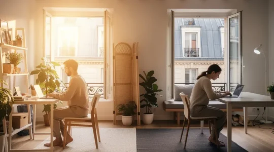 Couple travaillant sereinement dans un salon transformé en double bureau temporaire