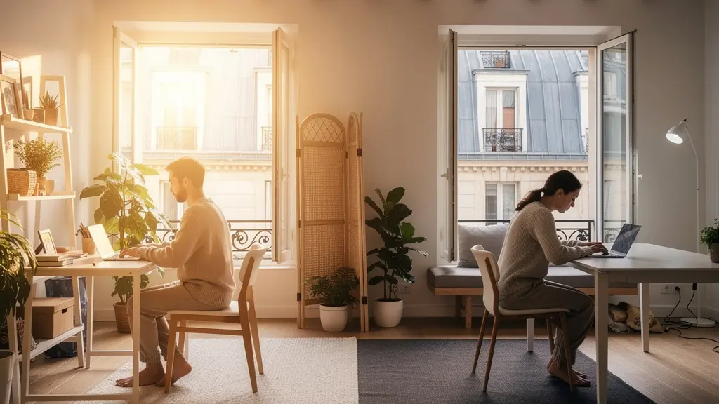 Couple travaillant sereinement dans un salon transformé en double bureau temporaire