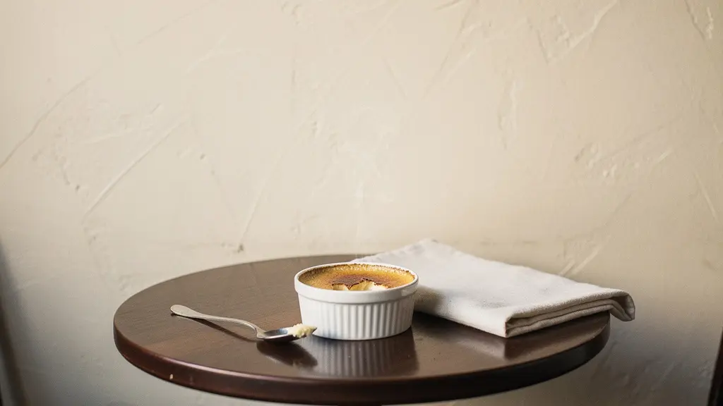 Vue environnementale minimaliste d'une petite table de bistrot français avec une crème brûlée dont la surface caramélisée vient d'être craquée à la cuillère