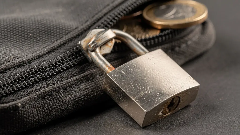 Gros plan macro d’un petit cadenas métallique posé sur une pochette de tissu fermée, avec quelques pièces éparses, symbolisant une dette cachée et un accès bloqué au crédit.