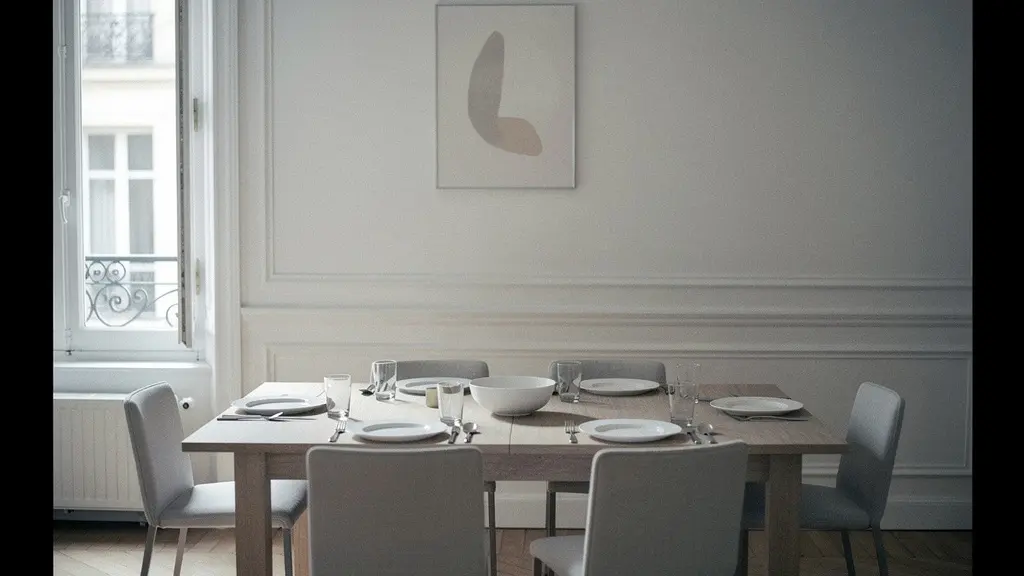 Table de repas du dimanche prête mais avec une chaise vide, dans une salle à manger lumineuse et minimaliste.