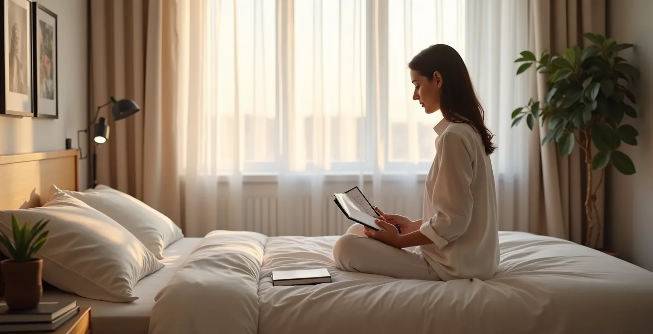 Femme active prenant sa température basale au réveil avec application de suivi du cycle