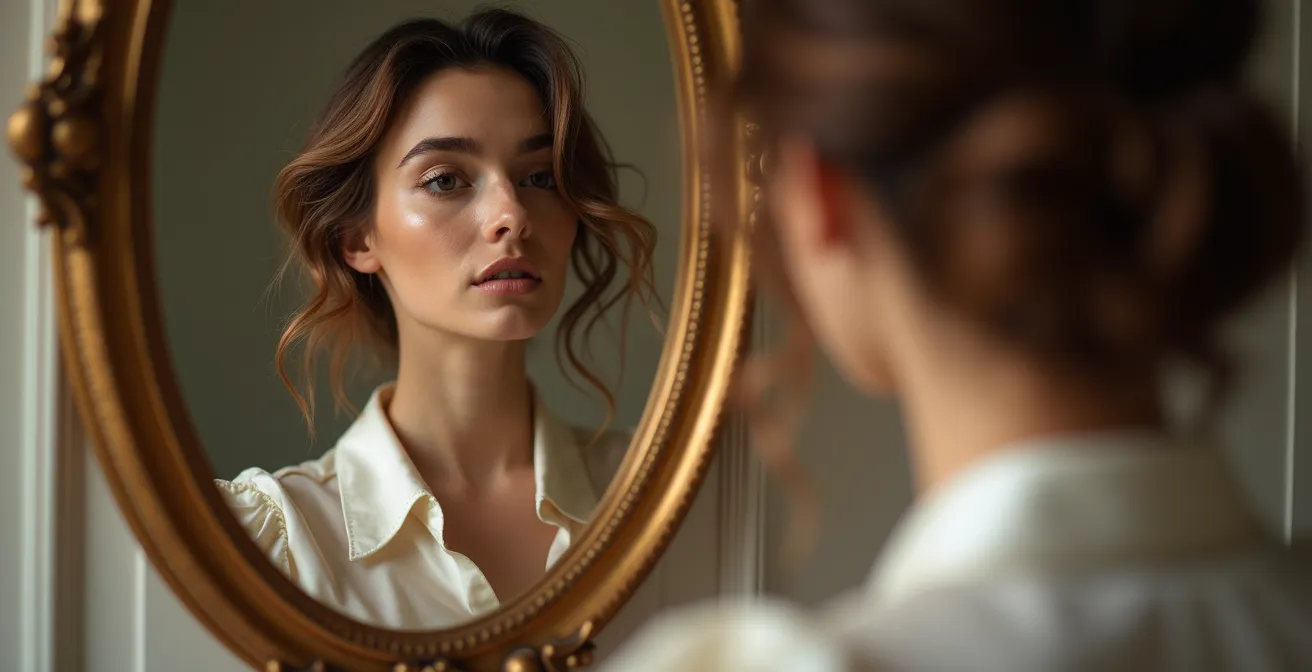 Femme observant sa nouvelle coupe de cheveux dans le miroir avec un regard confiant et séducteur