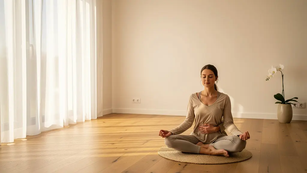 Femme pratiquant la respiration ventrale en position de méditation dans un espace apaisant