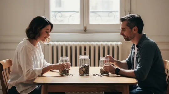 Deux adultes dans un appartement parisien lumineux organisent calmement leurs dépenses communes avec deux bocaux distincts et un bocal partagé, sans aucun écran ni papier.