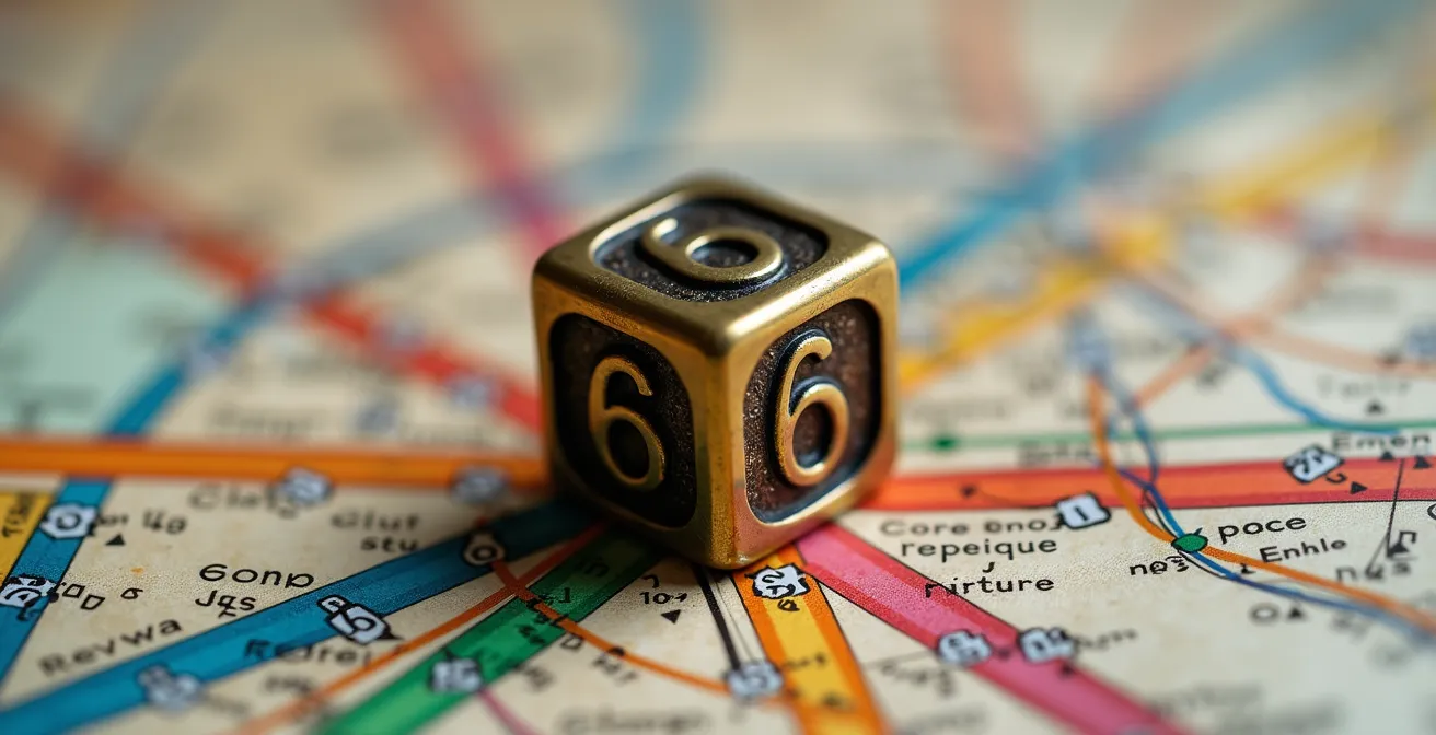 Vue macro sur un dé posé sur un plan de Paris avec des traces de pas