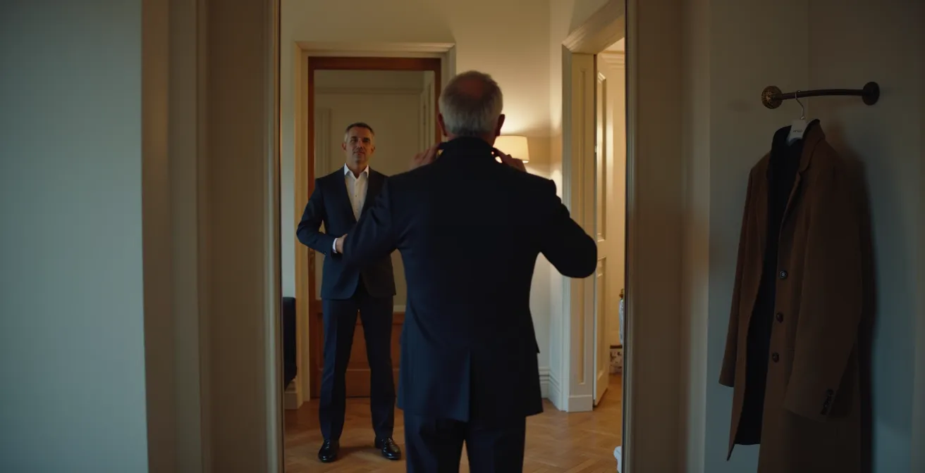 Homme élégant ajustant sa veste devant un miroir avant de sortir, ambiance parisienne chic