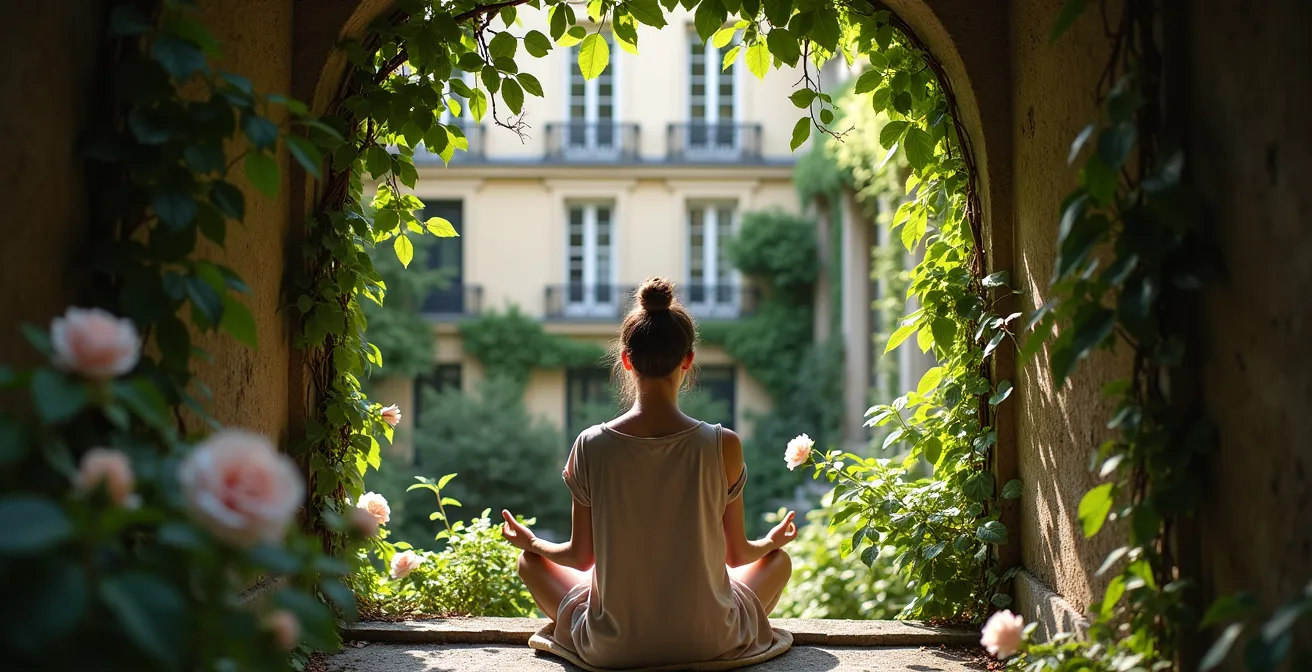 Femme méditant dans un jardin secret parisien entourée de verdure luxuriante