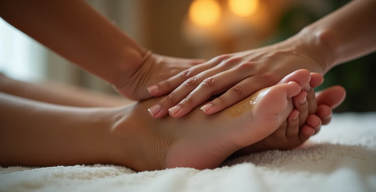 Mains massant délicatement des pieds dans un contexte intime et apaisant