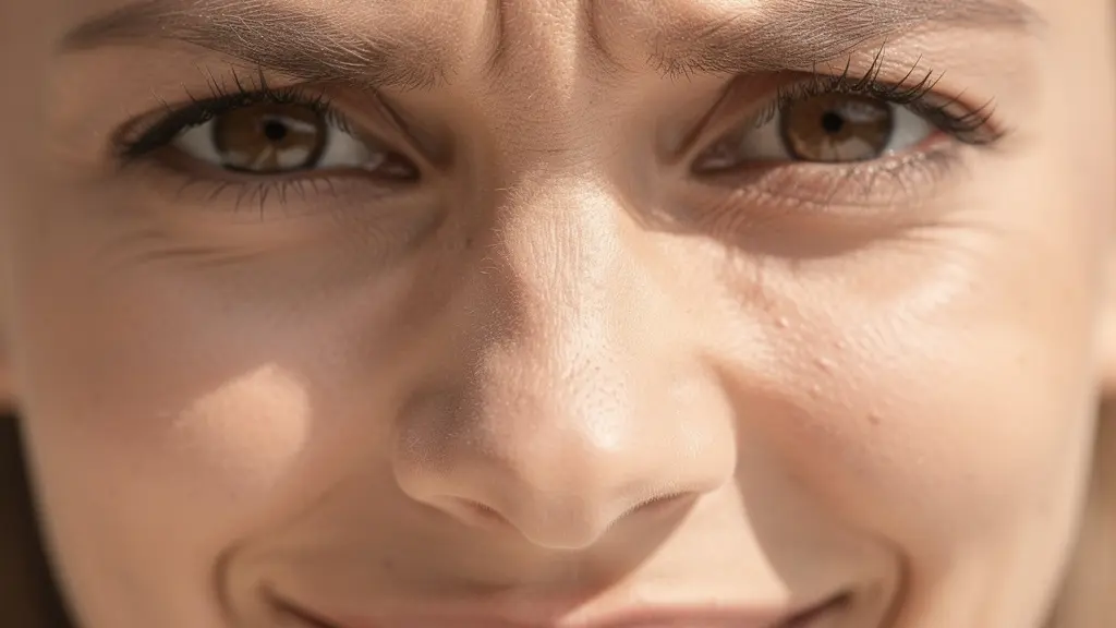 Gros plan sur un visage féminin montrant la contradiction entre sourire de politesse et tension des sourcils