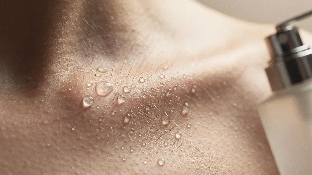 Gros plan macro de la peau d’un adulte avec de fines microgouttelettes de parfum, suggérant l’interaction entre odeur corporelle et parfum sans montrer de marque.