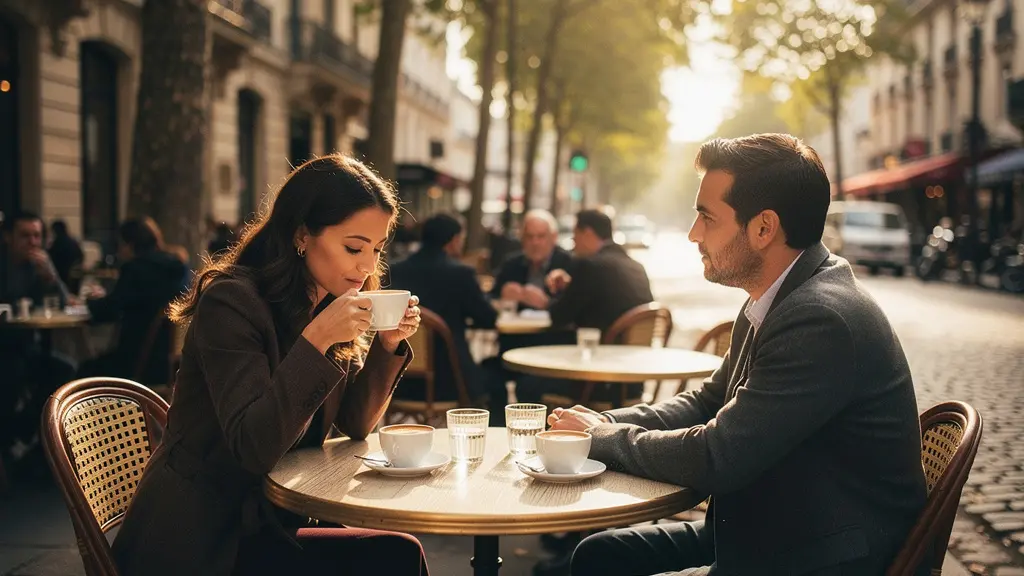 Couple assis en terrasse de café, moment de silence dans leur conversation, lumière dorée d'après-midi