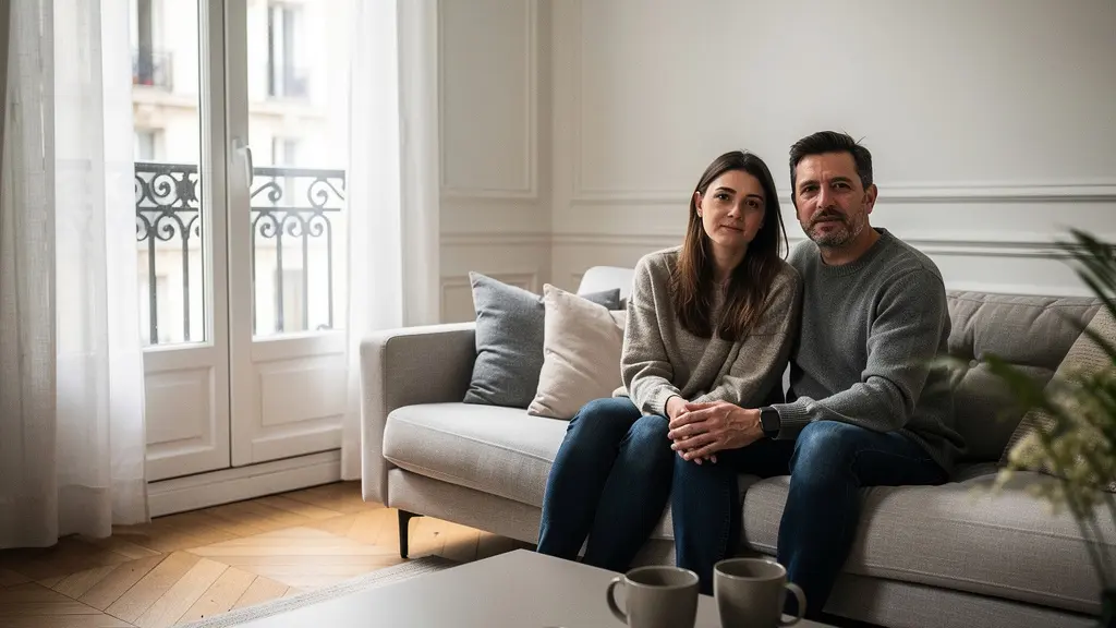 Deux adultes assis côte à côte dans un intérieur lumineux, suggérant une transition vers une relation sérieuse, avec une ambiance parisienne subtile et un grand espace vide pour la mise en page.