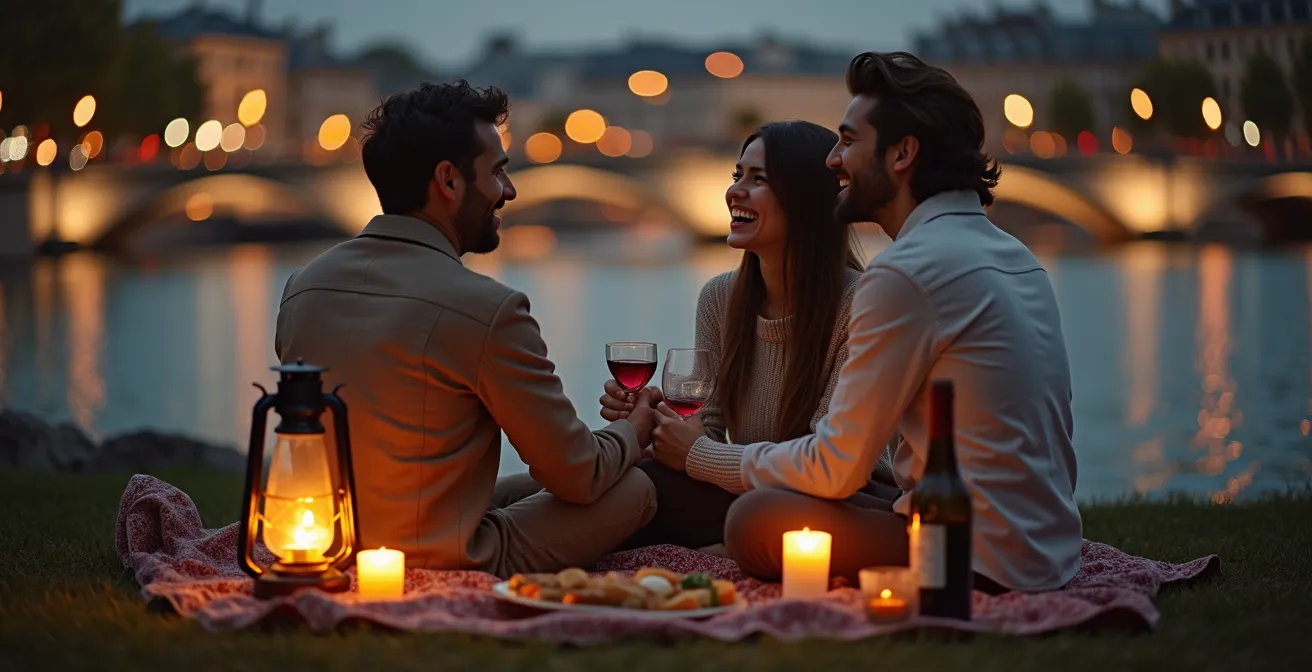 Couple partageant un pique-nique au bord de la Seine au crépuscule