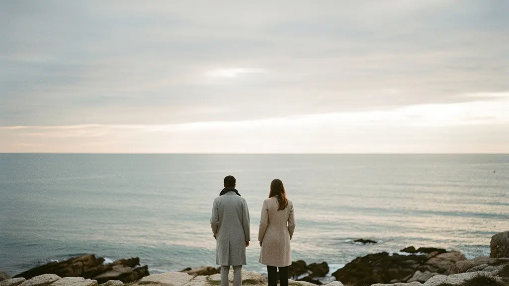 Deux adultes de dos regardent l’horizon sur une côte française, symbolisant la projection commune et les projets à venir.